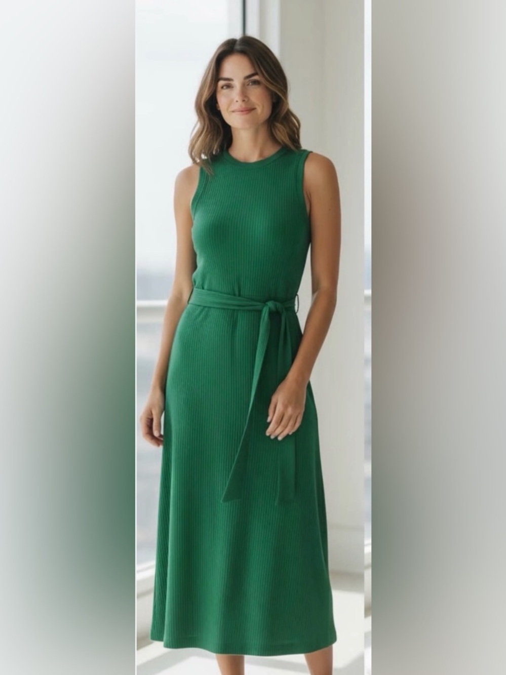 Who What Wear Green Sleeveless Ribbed Midi Dress with Self-Tie Belt S